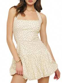 Women Sleeveless Mini Dress Casual Summer Bubble Hem Backless Halter Neck Party Dress For Beach Club Streetwear - 白色 - 查看 1