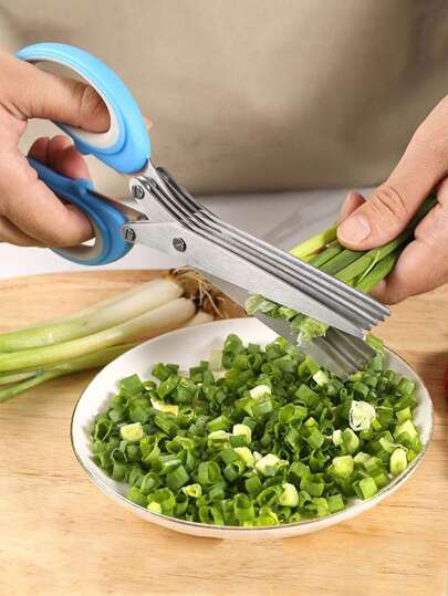 1pc Extra Large Size 5-Layer Green Onion Scissors, Straight Design, Vegetable & Fruit Slicer Shears, Kitchen Accessories Tool, Manual Chopping Green Onions & Chili Peppers, Portable Design, Green & Blue