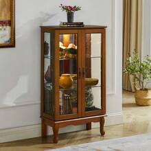 Curio Cabinet Lighted Curio Diapaly Cabinet With Adjustable Shelves And Mirrored Back Panel, Tempered Glass Doors (Oak, 3 Tier), (E26 Light Bulb Not Included)    RR
