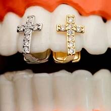 1pc Cross Copper Micro-Inlaid Zirconia Single Tooth Grillz Gifts Birthday Graduation - Multicolor - View 2