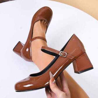 Chunky Round Toe Mary Jane High Heels - Glossy Patent Leather Ankle Strap Platform Shoes With Non-Slip Rubber Sole (Fashionable New Style) Ladies Fashion High Heel Ballet Pumps, Burgundy Round Toe Thick Heel Shoes, Vacation Style Strap Sandals, Plaid Pattern Round Toe Thick Heel Party Shoes, Exclusive Color Block Bow Open Back Red High Heel Sandals, Evening Dress Pumps