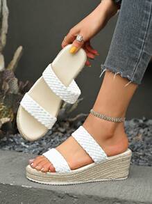 Women's Thick Sole Woven Hemp Rope Summer Beach Vacation Casual Fashion Slip-On Wedge Sandals