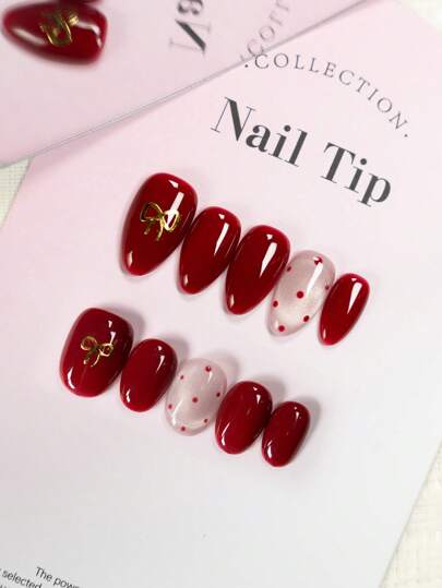 JUTI 10 件手工短款按压指甲，毛衣纹理和樱桃红绒面设计 | 适合女孩的简约优雅假指甲 | 非常适合生日、派对和日常佩戴 | 美甲用品