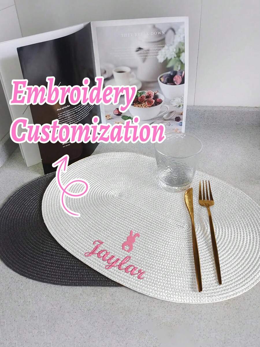 1pc Embroidered Custom Placemat, Non-Slip Heat Insulation Solid Color Woven Oval Placemat, Embroidered Western-Style Placemat, Custom Embroidery Craft, Rabbit Embroidery, Can Embroider Names And Blessings, Suitable For Family Dining And Weddings, Festivals, Gatherings, Multi-Occasion, Washable, Heat Insulation, Anti-Slip Tablemat, Easter Decoration, Happy Easter Party Decoration
