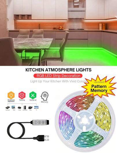 1pc TV Backlight Led Strip Light With Pattern Memory For Mother's Day Id Al-Adha Festival 1m-15m/3.3ft-50ft Room Decoration Lights Indoor 5V USB Powered Rgb Strip Light 3-Key Control Multiple Color