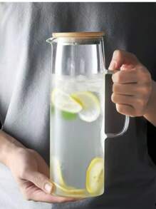 1pc 1000ml/1200ml/1500ml Straight Borosilicate Glass Water Kettle With Wooden Lid, Summer Fruit Juice Pitcher, Heat Resistant, Suitable For Home, Gatherings, Restaurants