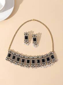 Retro Exaggerated Boho Crystal Rhinestone, Pearl, Square Gemstone Necklace And Tassel Earrings 3pcs Jewelry Set