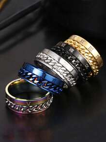 1pc Fashionable Stainless Steel Roman Numeral Chain Rotatable Ring For Men - Multicolor - View 9