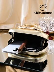 Women Elegant Vintage Asymmetric Leather Mini Evening Bag, Exquisite Metal Bar Decor Party Clutch Purse, Suitable For Formal Party/Wedding/Date/Ball - Gold - View 2