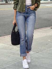 复古做旧弹力猫须翻边直筒七分牛仔裤，带斜插口袋