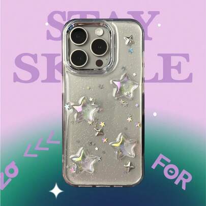 防震星形元素透明闪光3D炫彩星形装饰时尚手机壳韩版亮片环氧树脂亚克力星形透明电镀镜头保护壳兼容 17 16 15 14 13 12 11 Pro Max时尚后盖春季生日礼物