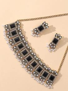 Retro Exaggerated Boho Crystal Rhinestone, Pearl, Square Gemstone Necklace And Tassel Earrings 3pcs Jewelry Set