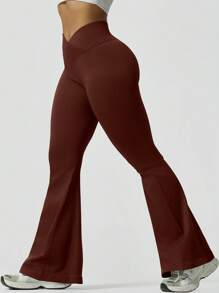 女士时尚交叉腰瑜伽裤蜜桃臀户外徒步运动长裤 - 紫紅色 - 查看 5