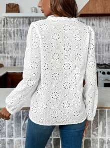 Women's Loose Blouse Eyelet Embroidery Top With Puffed Sleeves For Spring/Autumn