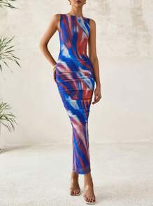 Women Elegant Floral Print Bodycon Mesh Maxi Dresses Summer Tie Dye Sleeveless Ruched Back Slit Long Dress Party Cocktail Wedding Guest Evening Night Out Formal Dress - 深藍色花 - 查看 1