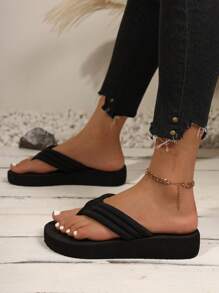 女士时尚厚底坡跟凉鞋，夏季新款防滑厚底沙滩拖鞋，坡跟高跟 T 型带人字拖，适合户外、海滩、婚礼 - 黑色 - 查看 5