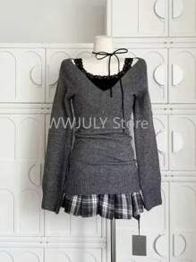 Autumn Winter Woman Gyaru Coquette V-Neck French Vintage Sweater Long Sleeve Pullovers Knitwears 2000s Aesthetic Old Money Thick - 黑色 - 查看 7