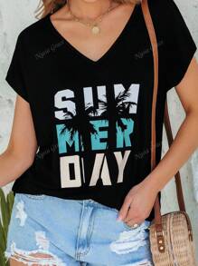 Women's West Coast Palm Tree Graphic T-Shirt, Black Casual Top, Loose Fit, Summer Holiday Travel Themed Tee, Vacation Beach Festival Lucky Daily Wear