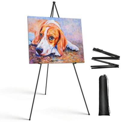Lucn 63-Inch (1.6 M) Metal Tripod Easel Stand For Signs, Portable Adjustable Easel For Painting, Posters, Canvases, Weddings, Workshops, Artworks Display, Folding Design Picture Stands For Display, Quick Set-Up Presentations Tripod Stand, Black