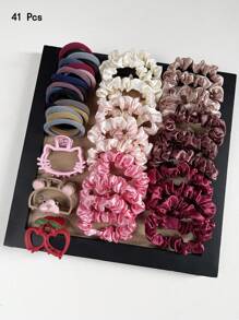 41 件红色和粉色柔软弹性发带，多色可爱卡通风格发带套装，适合女孩的发饰 - 彩色 - 查看 1