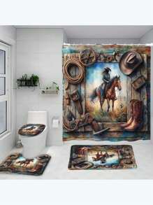 4 Stücke Badezimmer Vorhang Set im Bauernhof-Stil mit Pferdemotiv, moderne Badezimmer Dekoration, wasserdichter Stoffvorhang Set mit 12 Haken, rutschfeste Badematte, U-förmige Toilettenauflage, Toilettendeckel, geeignet als Geschenk für Zuhause, St. Patrick's Day Badezimmer Accessoires, Rückkehr zur Schule