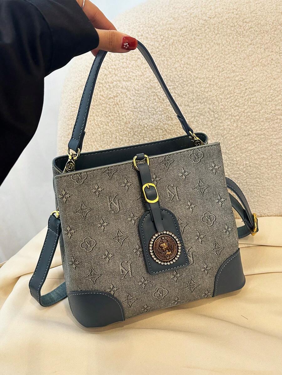 时尚新款复古压纹拼色水桶包，优雅手提包配肩带 - 藍色 - 查看 1