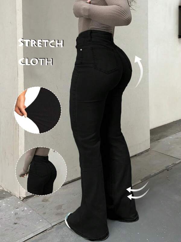 Jeans de tiro alto con diseño slim fit y stretch de unicolor, versátiles y casuales para mujer con campana