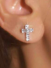 Cross Crystal Earring Stud For Women 1Pair - Silver - View 4