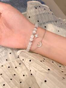 2pcs Set Simple Elegant Cat Eye Gem Moon & Star Pattern Casual Bracelet Set, Suitable For Women Daily & Festival Wear