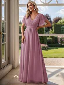 Fall Winter Butterfly Sleeve Fold Pleated Chiffon Dusty Pink Bridesmaid Dress Elegant Dress Wedding Guest Dress For Wedding Fall Semi Formal Dress