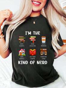 I'm The Kind Of Nerd Book Reading Coffee Drinking T-Shirt Cotton Graphic Tee For Women, Round Neck Short Sleeve Casual Tops - 黑色 - 查看 1