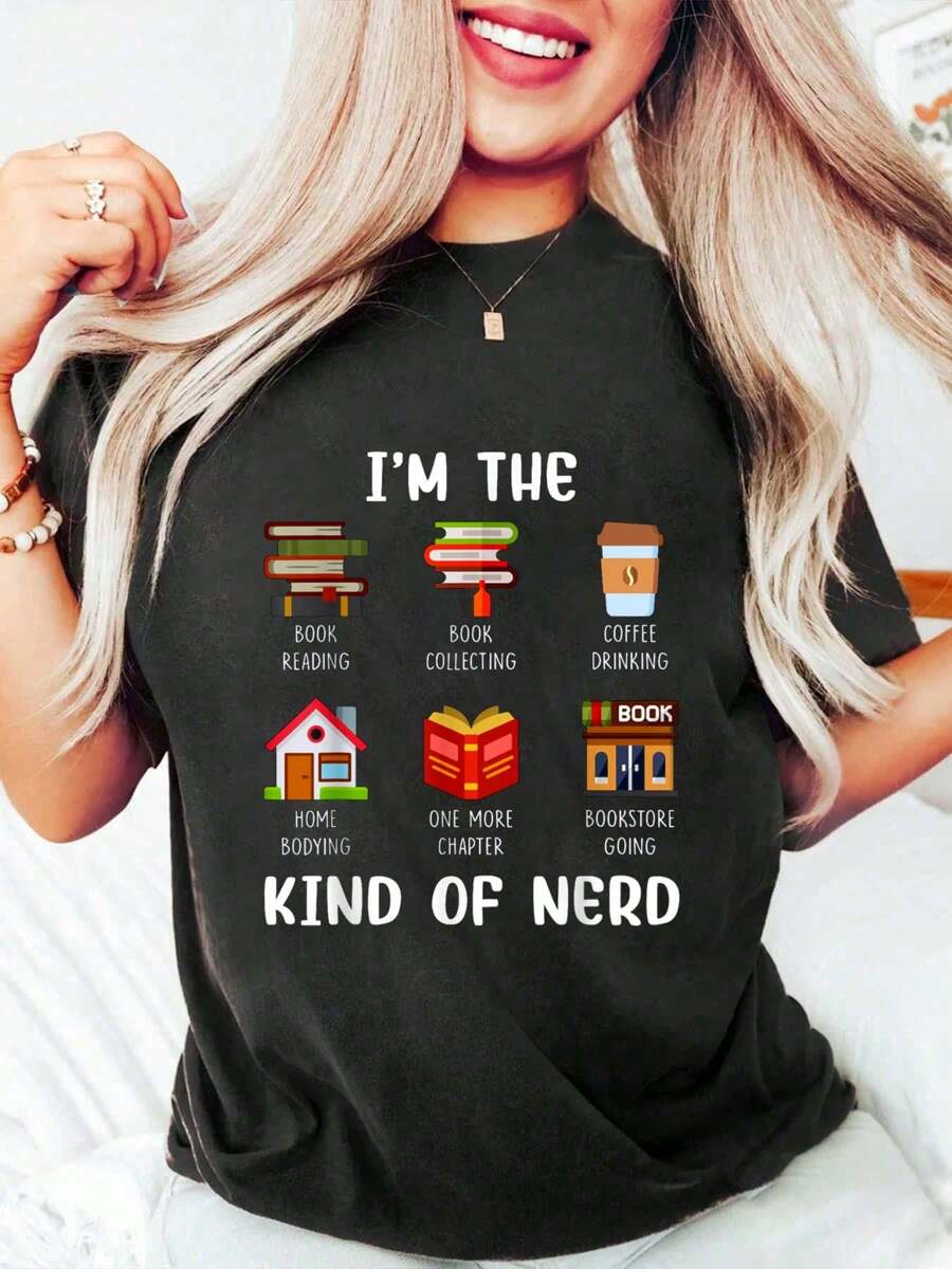 I'm The Kind Of Nerd Book Reading Coffee Drinking T-Shirt Cotton Graphic Tee For Women, Round Neck Short Sleeve Casual Tops - 黑色 - 查看 1