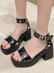 2025 Spring Thick Sole Wedge Sandals For Women, Strap Open Toe Waterproof Platform High Heel Studded Sandals - Black - View 3