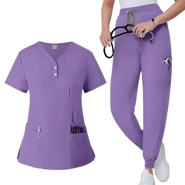 Women's Loose Healthcare Scrub Uniform Set, Patch Pocket V-Neck Top And Solid Color Pants, Suitable For Hospital Work, Nurse Scrub Uniform Set