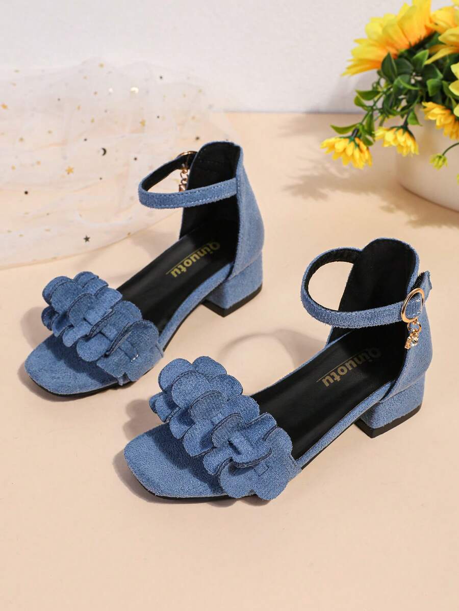 Girls Fashion High Heel Princess Sandals With Strap , Flower Hook And Loop Closure, Dance Shoes For Summer - Blue - View 1