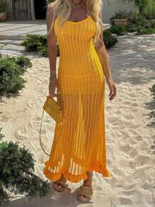 Vestito da donna casual da spiaggia per vacanze primavera ed estate, in tessuto a rete traforato lavorato a maglia, senza retro, senza biancheria intima