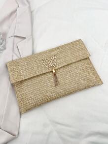 1-Piece Straw Bag With Flap And Bow Decoration Small Bag For Women, Suitable For Daily Shopping And Dating, Fashionable Hand-Held Envelope Bag For Women
