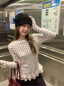 Women's Sweet Style White Polka Dot Long Sleeve T-Shirt, Ruffled Hem Slim Fit Layering Top, Lightweight Autumn Wear