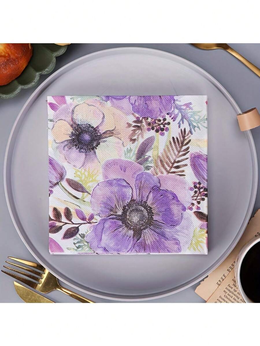 20-Pack Disposable Paper Napkins With Hand-Drawn Purple Floral Pattern, Disposable Use Paper Towels For Dining, Restaurant, Party, Suitable For Home, Kitchen, Hotel, Wedding, Valentine's Day, Birthday Party, Table Decor, Party Supplies