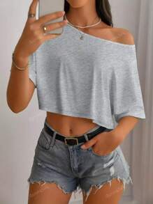Crop top con spalle scoperte in misto poliestere per donna AuroraSilk, stile casual, lavabile in lavatrice, tinta unita, adatto per tutte le stagioni