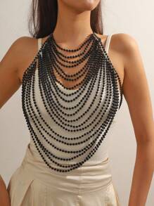 1pc Handmade Multilayered Faux Pearl Elegant Necklace Suitable For Party, Bikini Top, Beach Cover-Up And All-Season Wear, Adjustable Length Shoulder & Body Chain - Black - View 6