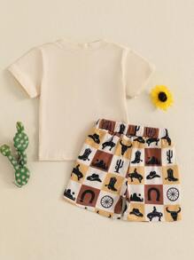 Baby Boys Western Shorts Sets Short Sleeve O Neck Letter Print Tops And Boots Print Shorts Sets