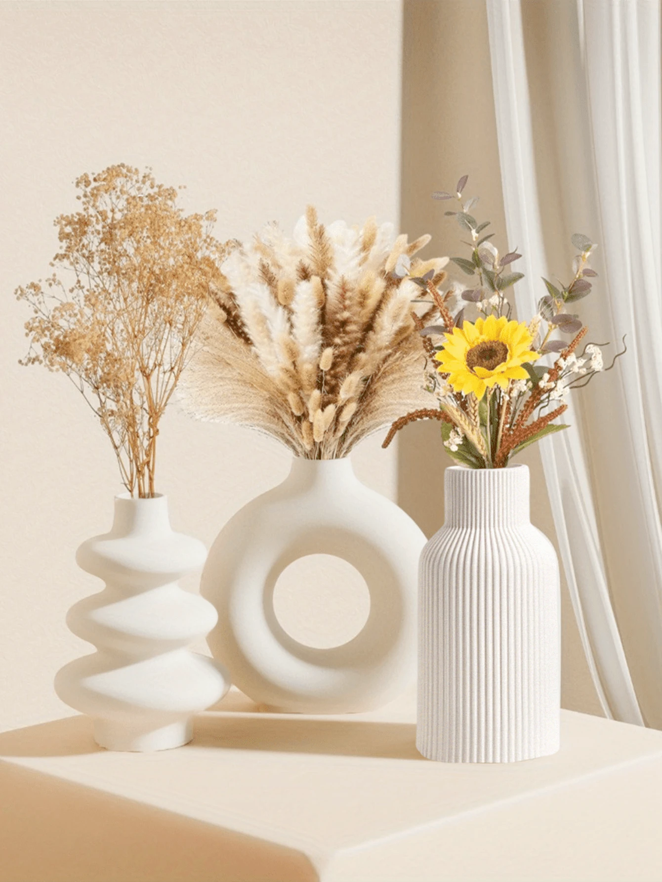 1 件波西米亚风格白色花瓶，适合蒲苇，非常适合婚礼和家居装饰，适合客厅、卧室、咖啡桌圆形中心装饰 - 彩色 - 查看 1