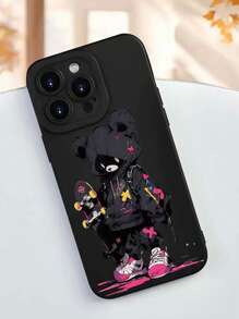 Simple Black Skateboard Bear Pattern Matte Phone Case, Compatible With IPhone 16 Pro Max/15 Pro Max/14 Pro Max/13 Pro Max/12 Pro Max/11 Pro Max/8 Plus/Mini - Black - View 4