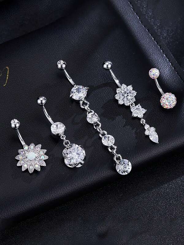 5 pièces/set Anneaux de nombril pendants de luxe à la mode avec fleurs et zirconium cubique, ensemble de bijoux de perçage corporel pour femmes, accessoires pour fête