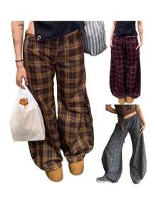 Women Plaid Pants, Elastic Waist Casual Pants Loose Trousers Streetwear For Daily - Yellow - View 2