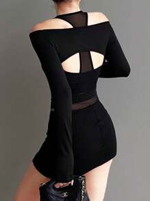 1 pezzo Body donna casual di moda, comodo, di colore unito, con pannello in rete e design sexy schiena scoperta con scollo alla halter, adatto per primavera, estate, autunno