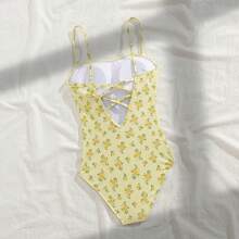 Women's Monokini One-Piece Swimsuit Summer Sleeveless Spaghetti Strap Floral Print Bathing Suit Swimwear - Yellow - View 4