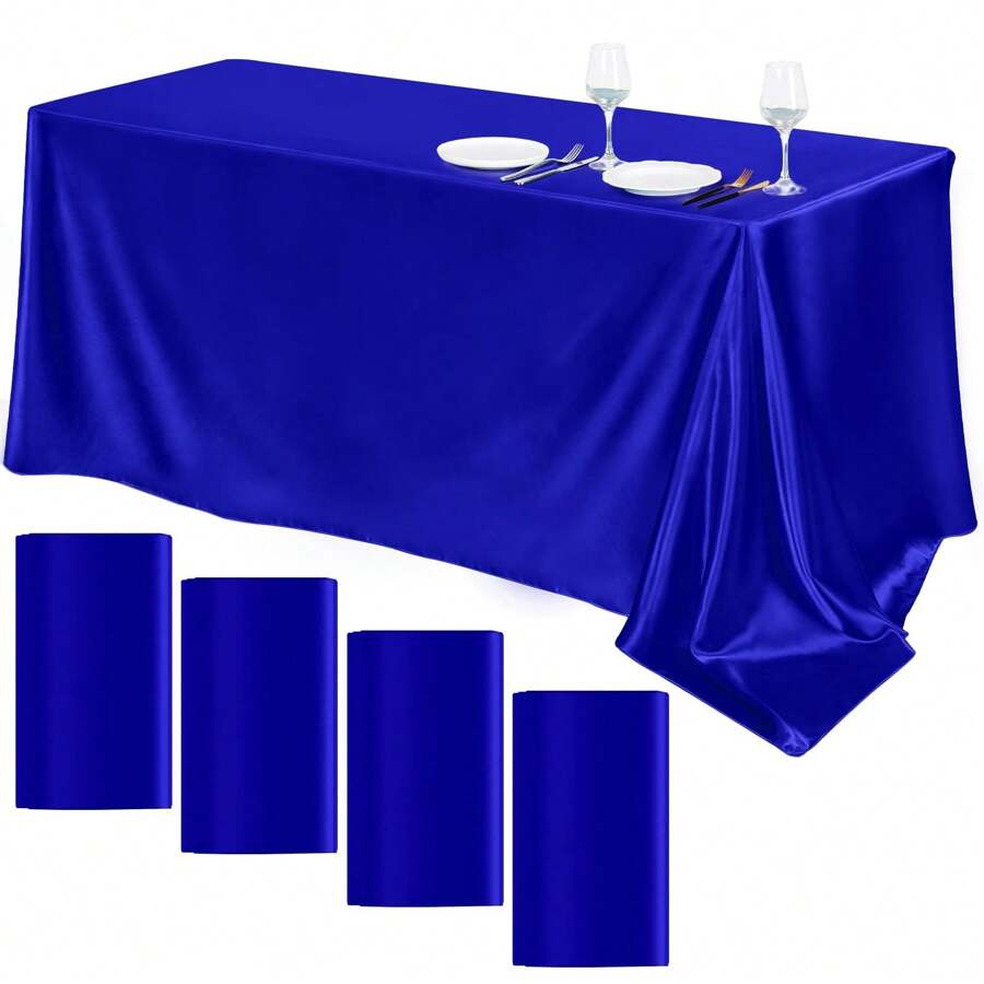 1pc Rectangular Tablecloth, Non Fading Satin Tablecloth, Suitable For High-End Hotel Banquets, Wedding Banquets, Restaurant Party Decorations - Royal Blue - View 1