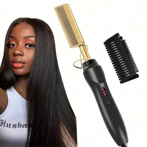 Peine eléctrico, Peine de planchar, Cepillo alisador de cabello, Peine calentado en negro, Alisador de cabello eléctrico de cerámica para cabello rizado a alta temperatura y cabello liso, Para cabello húmedo/seco, Peine para barba, Regalo de Navidad, Regalo festivo, Unisex